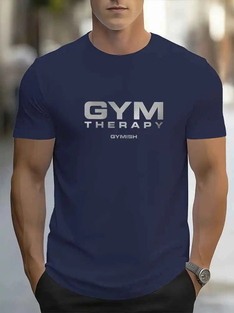 GYM THERAPY Men's Workout T-Shirt GYMISH Fitness Short Sleeve Tee Gym Training Casual Cotton T Shirt For Men Bodybuilding Sports
