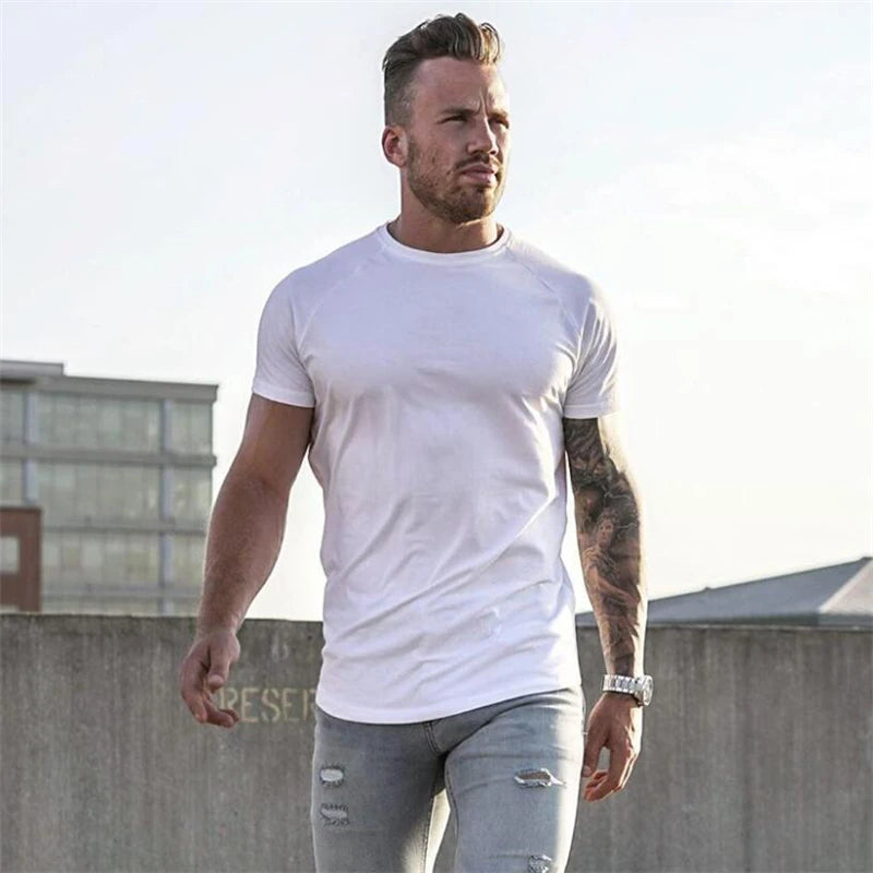Plain T Shirt Men Casual Short Sleeve Muscle Joggers Bodybuilding Tshirt Male Gym Fitness Tops Tee Slim Fit Summer T-shirt