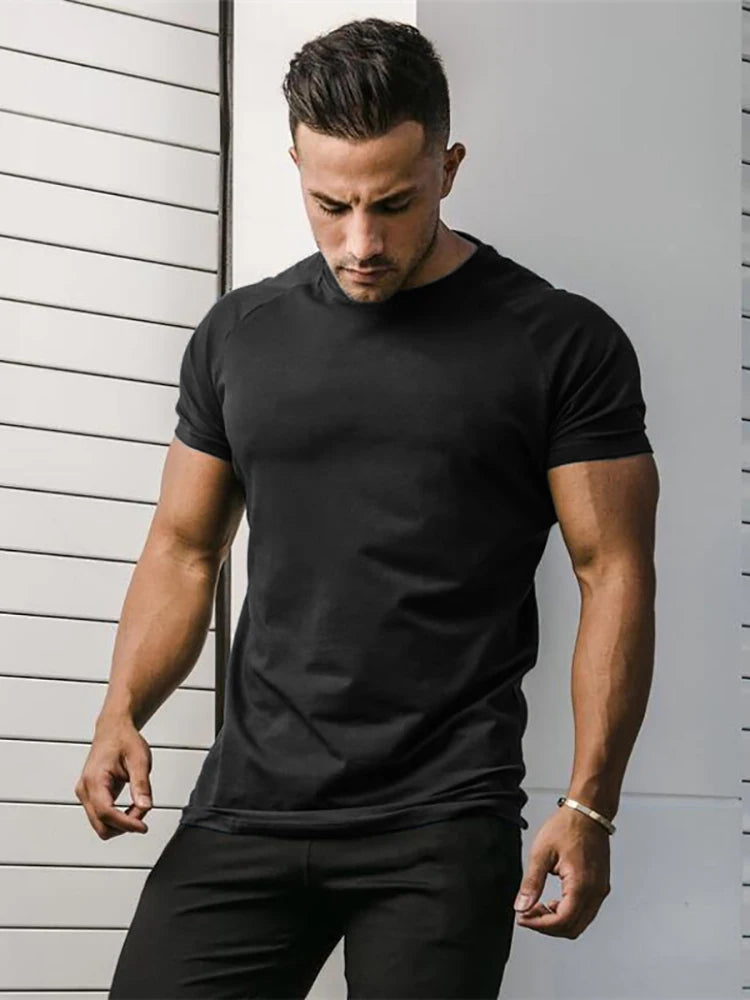 Plain T Shirt Men Casual Short Sleeve Muscle Joggers Bodybuilding Tshirt Male Gym Fitness Tops Tee Slim Fit Summer T-shirt