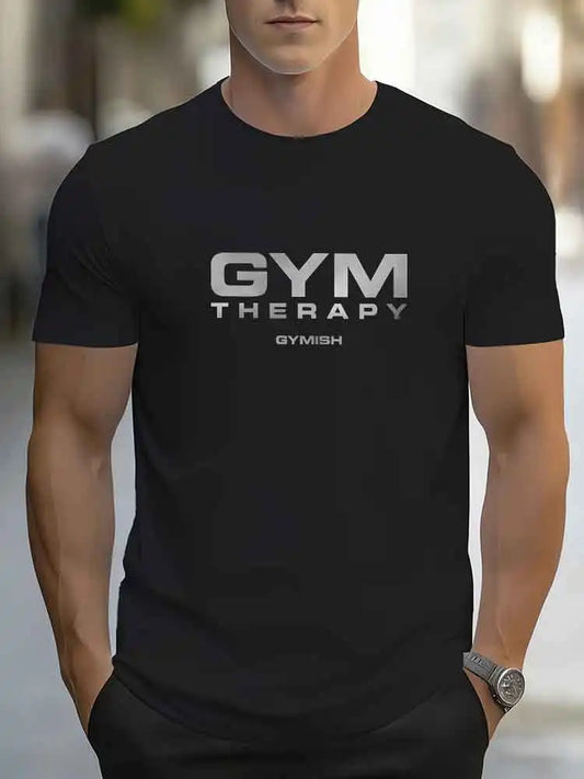 GYM THERAPY Men's Workout T-Shirt GYMISH Fitness Short Sleeve Tee Gym Training Casual Cotton T Shirt For Men Bodybuilding Sports